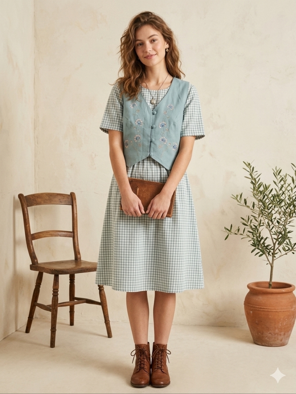 Checked Midi Dress with Embroidered Vest - Sage Green
